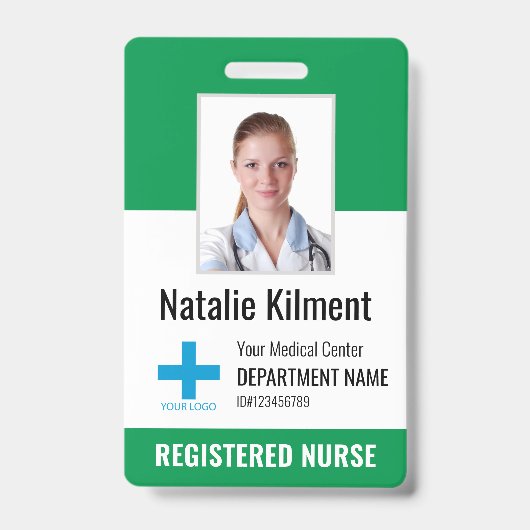 Hospital Employee Foto Name Logo Green and White Badge (Front)