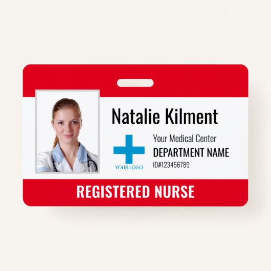 Hospital Employee Foto Name Logo Red and White Badge (Voorkant)