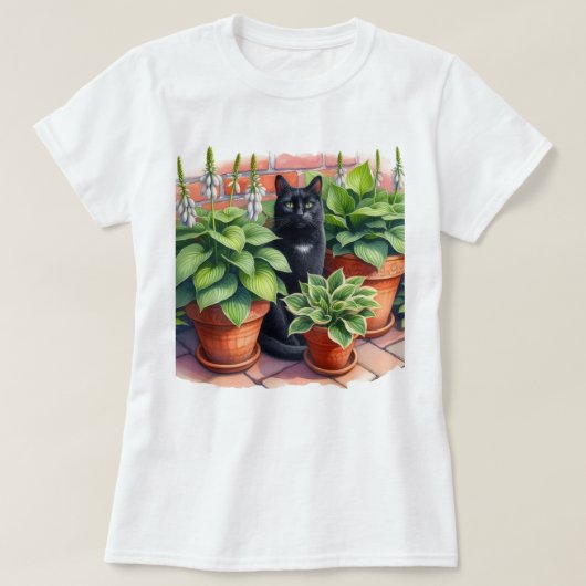 Hosta Garden en Black Cat Waterverf T-shirt (Design voorkant)