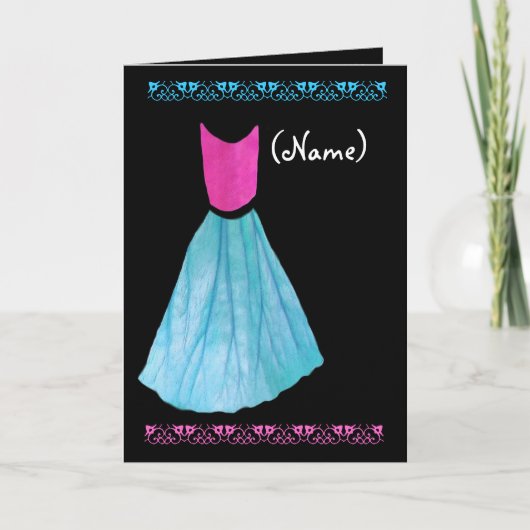 HOSTESS Uitnodiging ROZE & BLAUWE jurk (Voorkant)