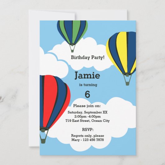 Hot Air Ballon 6th Birthday Party Invitation Kaart (Voorkant)