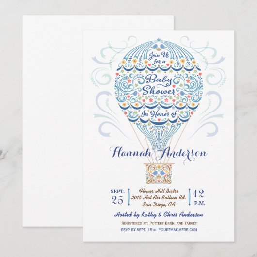 Hot-Air ballon Baby Boy Shower Invitation Kaart (Voorkant / Achterkant)