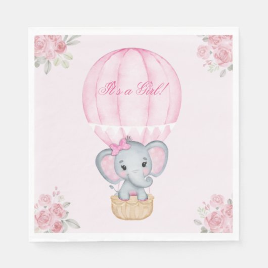 Hot Air ballon Baby Girl Elephant Rozen Servet (Voorkant)