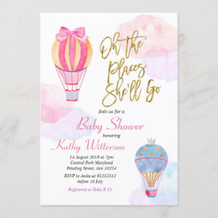 Hot Air Ballon Baby shower Invitation Girl Kaart