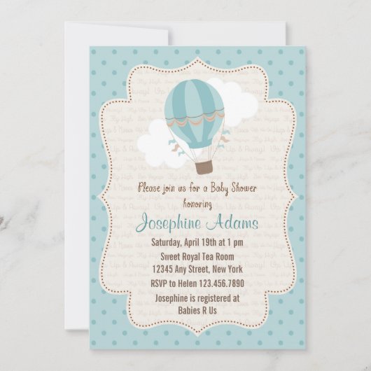 Hot Air Ballon Baby shower Uitnodiging blauw (Voorkant)
