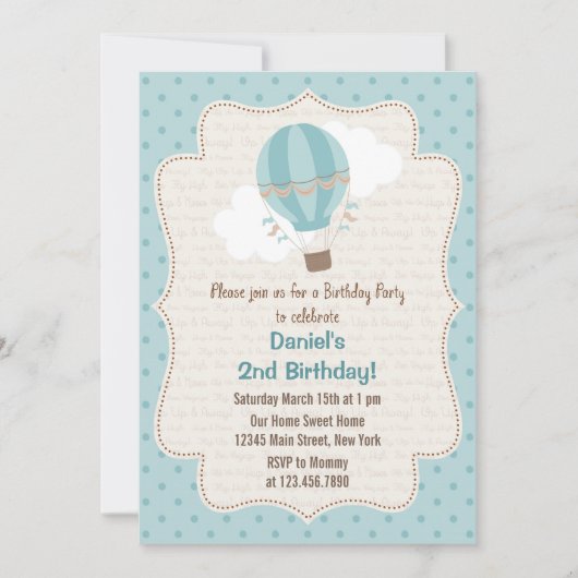 Hot Air ballon Birthday Party Invitation Blue Kaart (Voorkant)