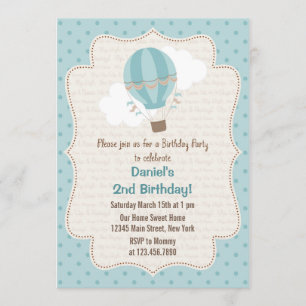 Hot Air ballon Birthday Party Invitation Blue Kaart