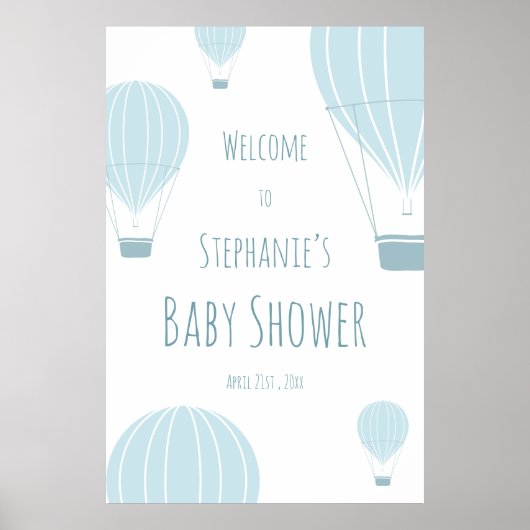 Hot Air Ballon Blue Baby shower Welkom Poster (Voorkant)