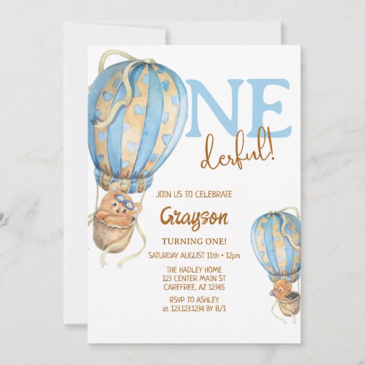 Hot Air Ballon Blue Boho 1e verjaardag Uitnodiging (Voorkant)
