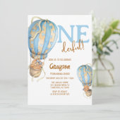 Hot Air Ballon Blue Boho 1e verjaardag Uitnodiging (Staand voorkant)