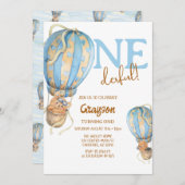 Hot Air Ballon Blue Boho 1e verjaardag Uitnodiging (Voorkant / Achterkant)