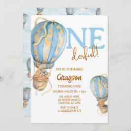Hot Air Ballon Blue Boho 1e verjaardag Uitnodiging