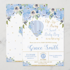Hot Air Ballon Blue Floral Baby shower Boy Kaart