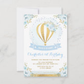 Hot Air Ballon Blue Gold Floral Roos 1e verjaardag Kaart (Voorkant)