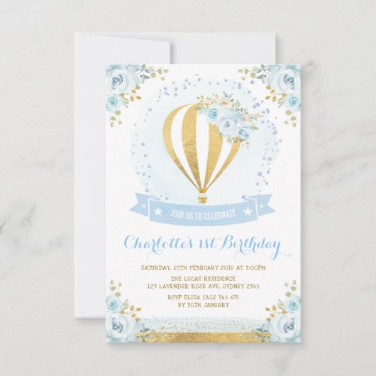 Hot Air Ballon Blue Gold Floral Roos 1e verjaardag Kaart (Voorkant)