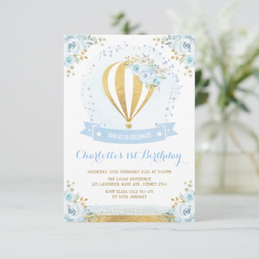 Hot Air Ballon Blue Gold Floral Roos 1e verjaardag Kaart (Staand voorkant)