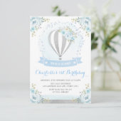 Hot Air Ballon Blue Silver Floral 1 september Kaart (Staand voorkant)