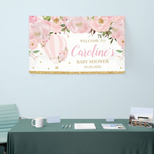 Hot-Air ballon Blush Pink Floral Backdrop Welkom Spandoek (Beurs)