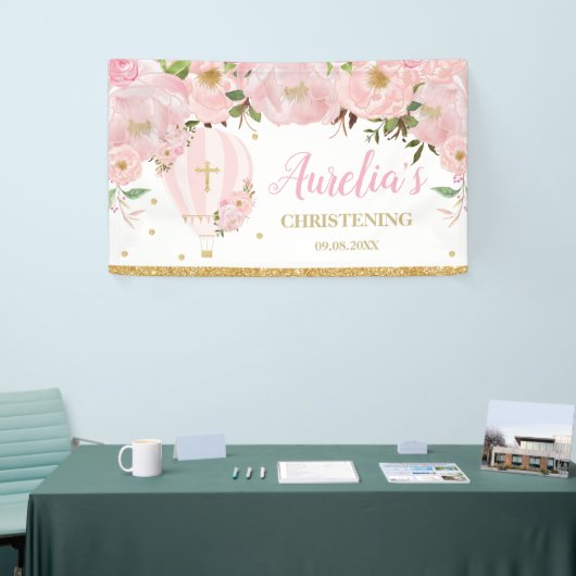 Hot-Air ballon Blush Pink Floral Backdrop Welkom Spandoek (Beurs)