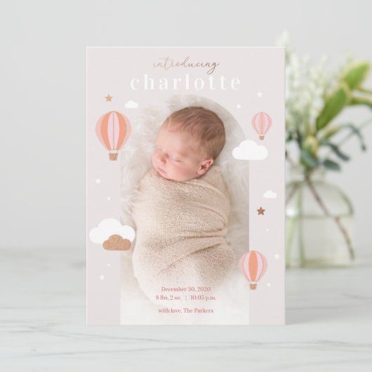 Hot Air ballon Clouds Stars Newborn Baby Birth Aankondiging (Staand voorkant)