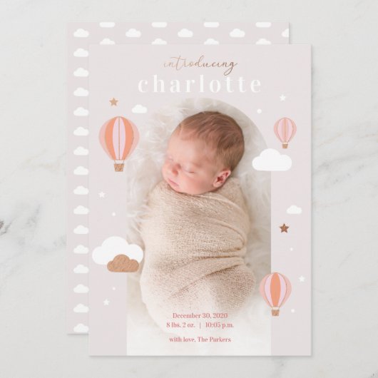 Hot Air ballon Clouds Stars Newborn Baby Birth Aankondiging (Voorkant / Achterkant)