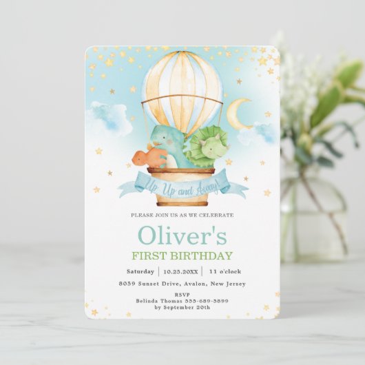 Hot Air Ballon Cute Dinosaurs Birthday Party Boy  Kaart (Staand voorkant)