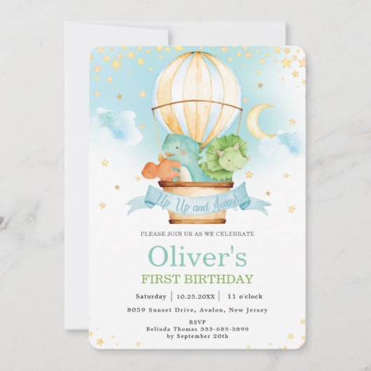 Hot Air Ballon Cute Dinosaurs Birthday Party Boy  Kaart (Voorkant)