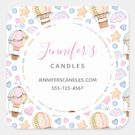 Hot-Air ballon Cute Waterverf Pattern Business Vierkante Sticker (Voorkant)