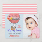 Hot Air ballon en Bunny First Birthday Kaart (Voorkant / Achterkant)