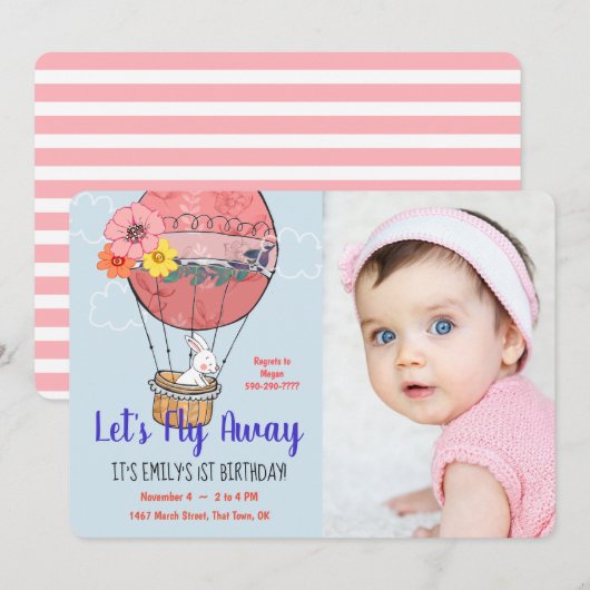 Hot Air ballon en Bunny First Birthday Kaart (Voorkant / Achterkant)