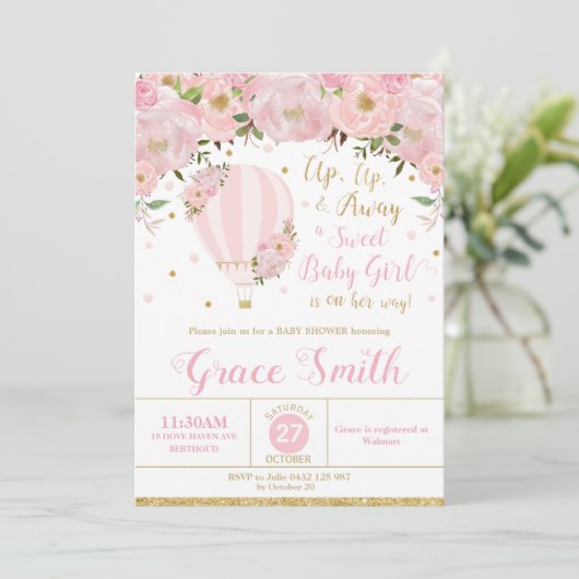 Hot Air ballon Floral Baby shower Girl Kaart (Staand voorkant)