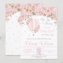 Hot Air ballon Floral Baby shower Girl Silver Kaart