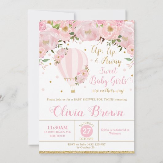 Hot Air ballon Floral Baby shower Twin Girls Kaart (Voorkant)