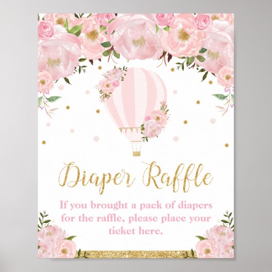 Hot Air ballon Gold Pink Floral Diaper Raffle Poster (Voorkant)