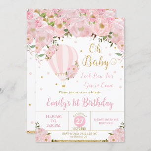 Hot Air Ballon Pink Floral Flowers 1e verjaardag Kaart
