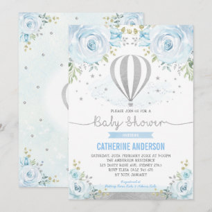 Hot Air ballon Silver Blue Floral Baby shower Kaart