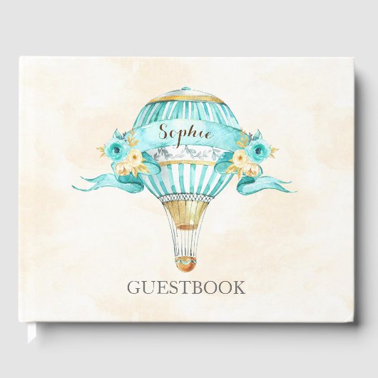 Hot Air ballon Turquoise Gold Yellow Roses Gastenboek (Voorkant)