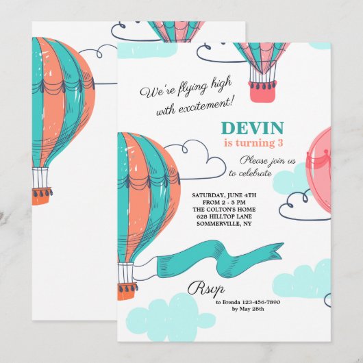 Hot Air Ballon Uitnodiging (Voorkant / Achterkant)