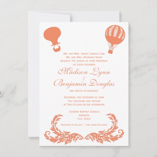  Hot Air Ballon Wedding Invitation Coral Kaart (Voorkant)