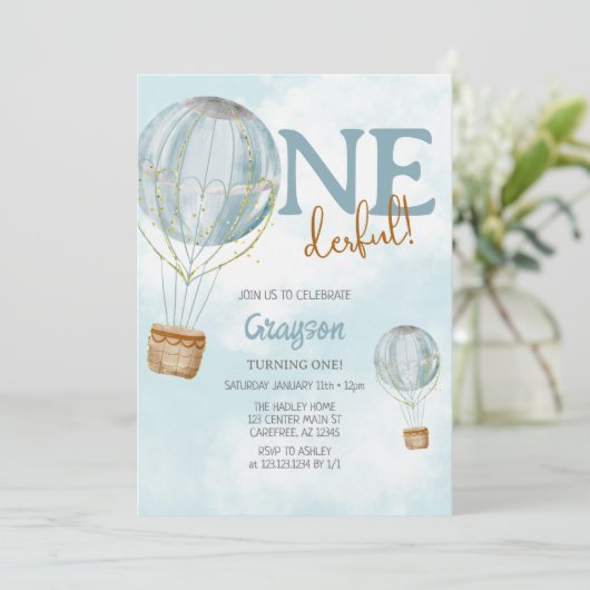 Hot Air ballonblauw, eerste uitnodiging (Staand voorkant)