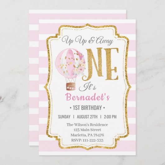 Hot Air ballonmeisje 1e verjaardag uitnodiging (Voorkant / Achterkant)