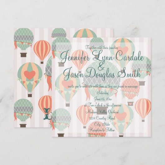 Hot-Air-ballonnen met harten-bruiloft-uitnodiginge Kaart (Voorkant / Achterkant)