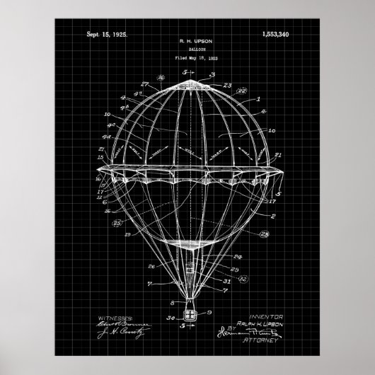 Hot Air Balloon 1925 Patent Art Print Black Grid (Voorkant)