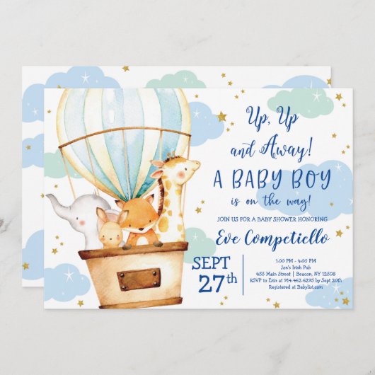 Hot Air Balloon Animals Baby shower Uitnodiging (Voorkant / Achterkant)