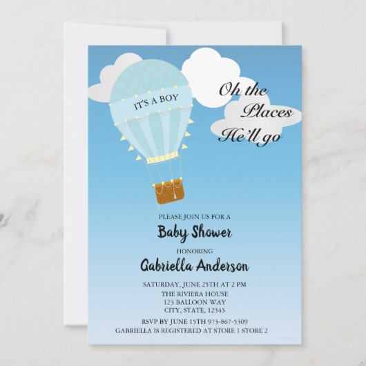Hot Air Balloon Baby Boy Douche Uitnodiging (Voorkant)