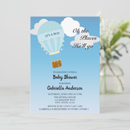 Hot Air Balloon Baby Boy Douche Uitnodiging (Staand voorkant)