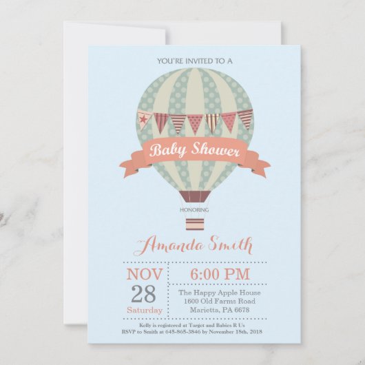 Hot Air Balloon Baby shower Invitation Blue Kaart (Voorkant)