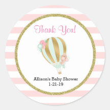 Hot air balloon baby shower stickers pink gold