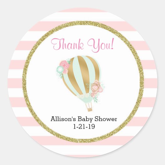 Hot air balloon baby shower stickers pink gold (Voorkant)