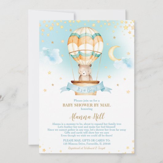 Hot Air Balloon Baby shower van Mail Teddy Bear Kaart (Voorkant)